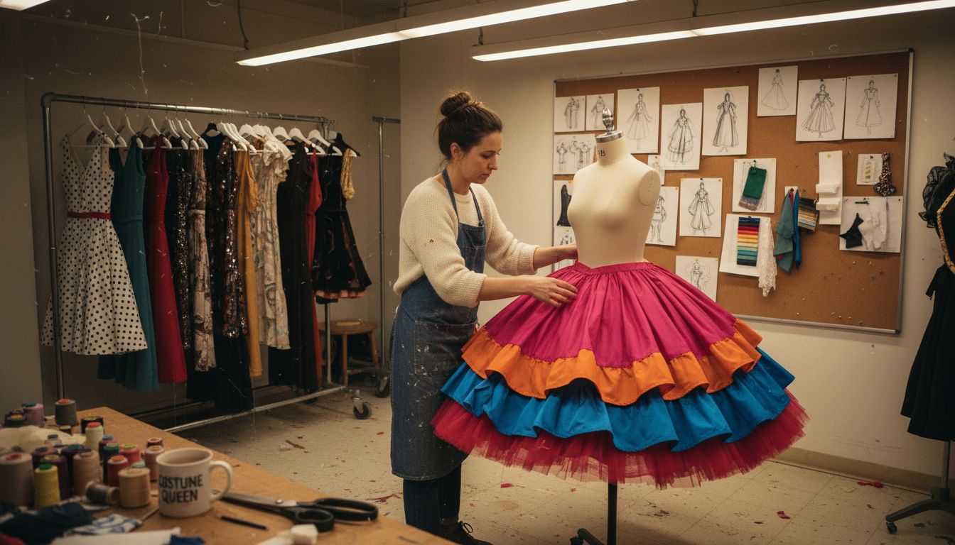 Designer adjusts bright crinoline in workshop