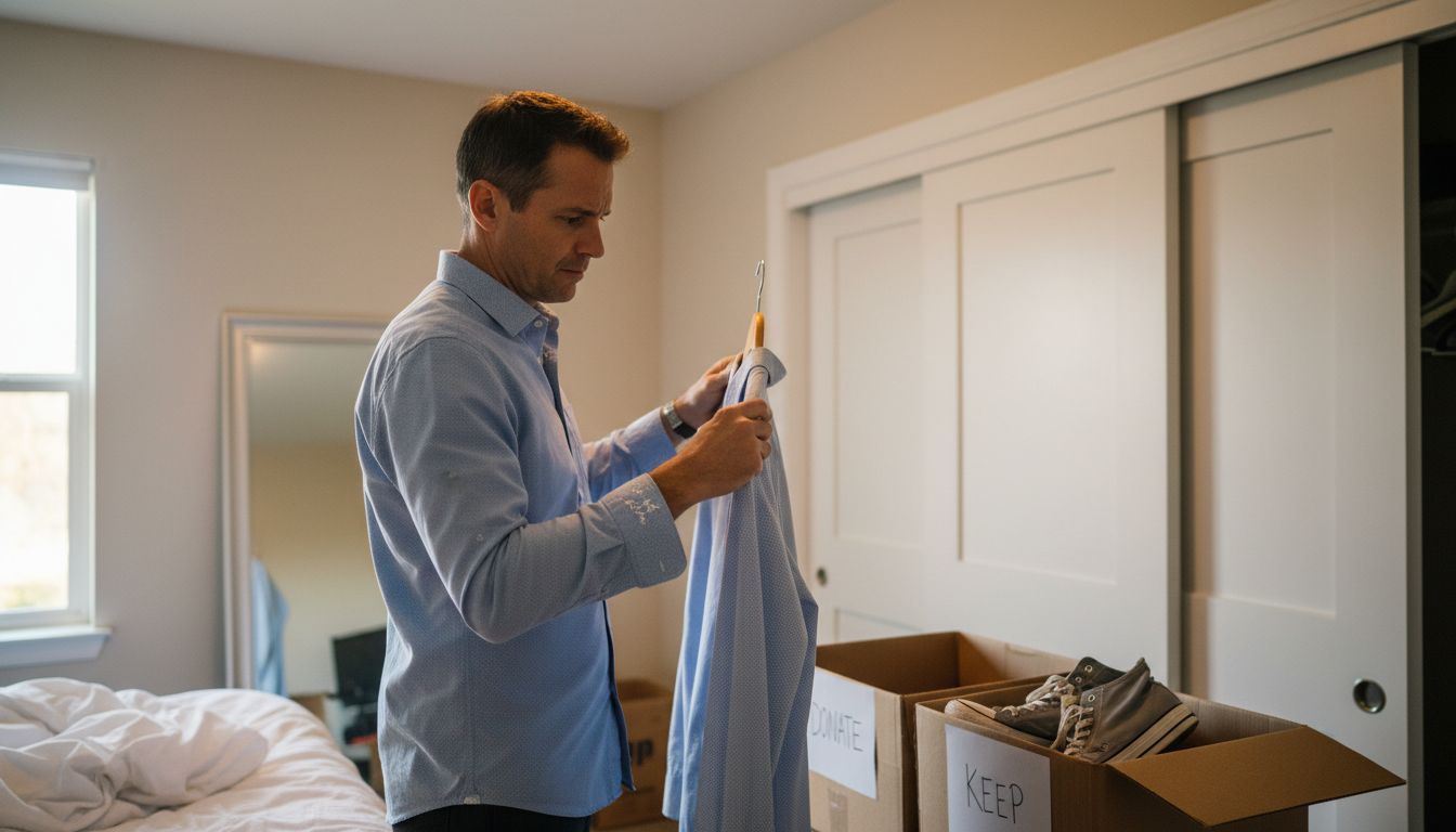 Man evaluating shirt to keep or donate