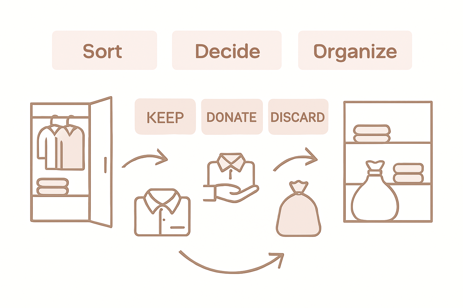 Closet decluttering process with three categories