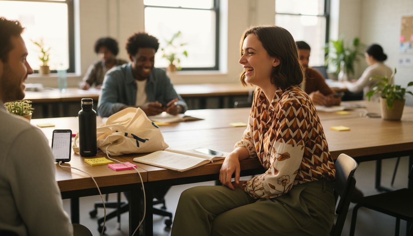 Woman wearing empowerment clothing laughing at desk