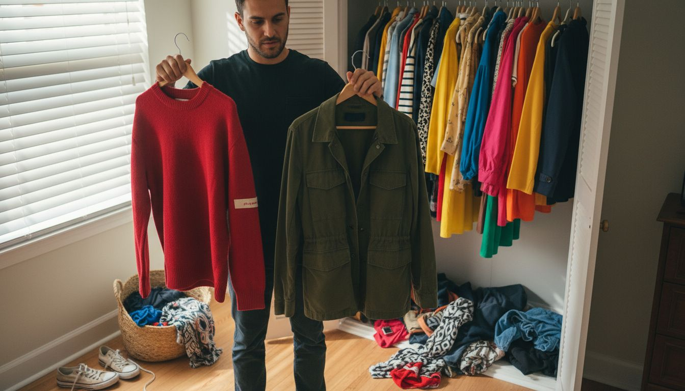 Choosing colorful bold clothes from closet
