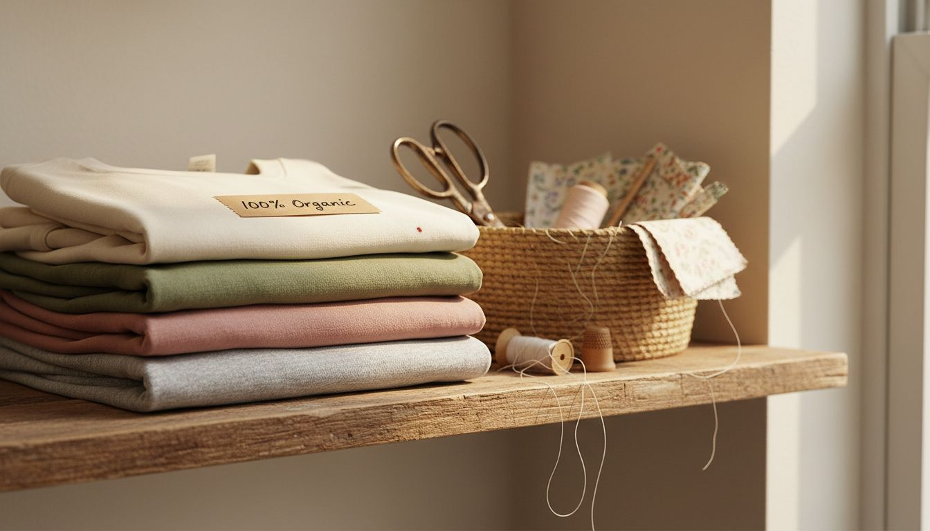 Close-up organic cotton shirts on shelf
