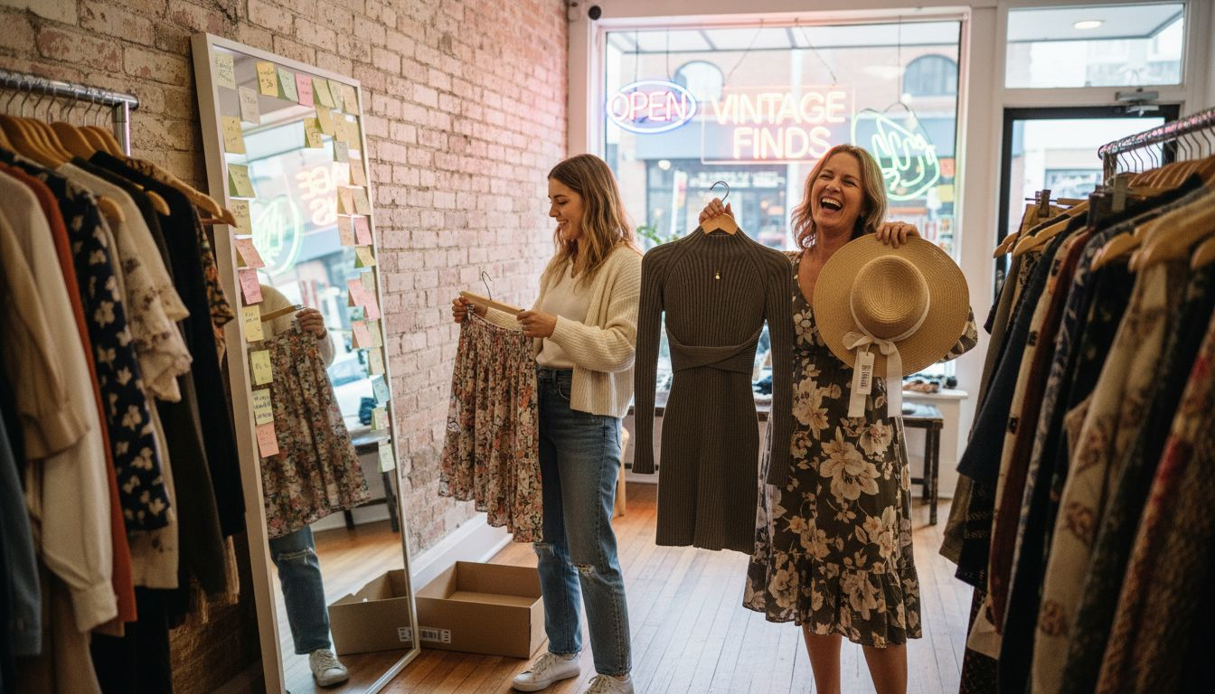 Women browsing clothes in boutique with laughter