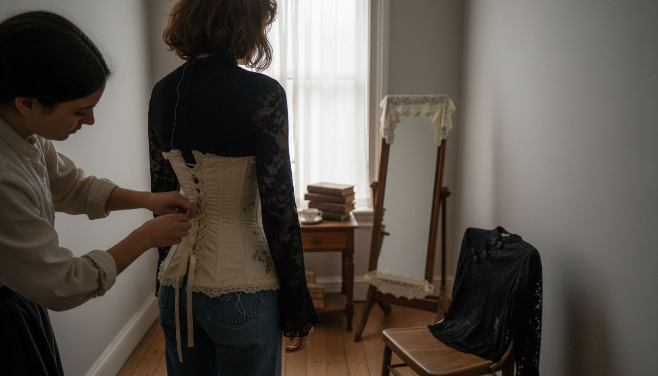 Victorian woman laced into corset in small bedroom