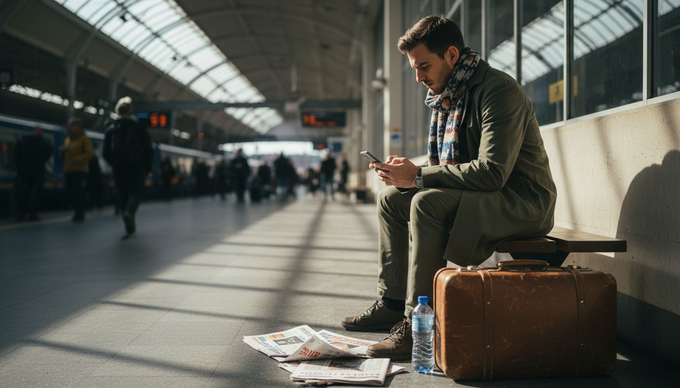 Man in patterned scarf at train station