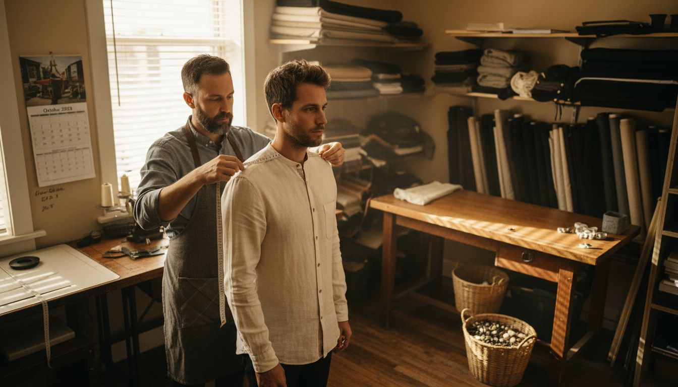 Tailor measuring customer's shoulders in studio