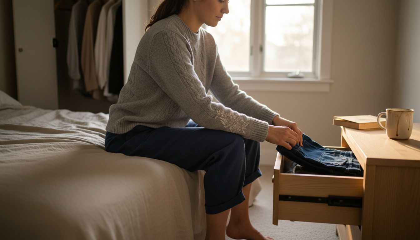 Woman folding jeans, organizing wardrobe staples