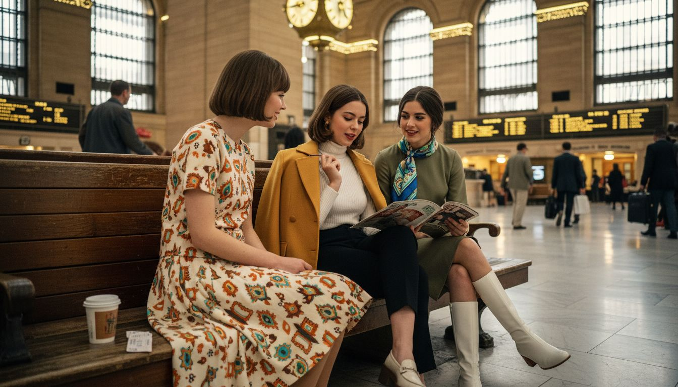 Young women in 1960s A-line skirts at station