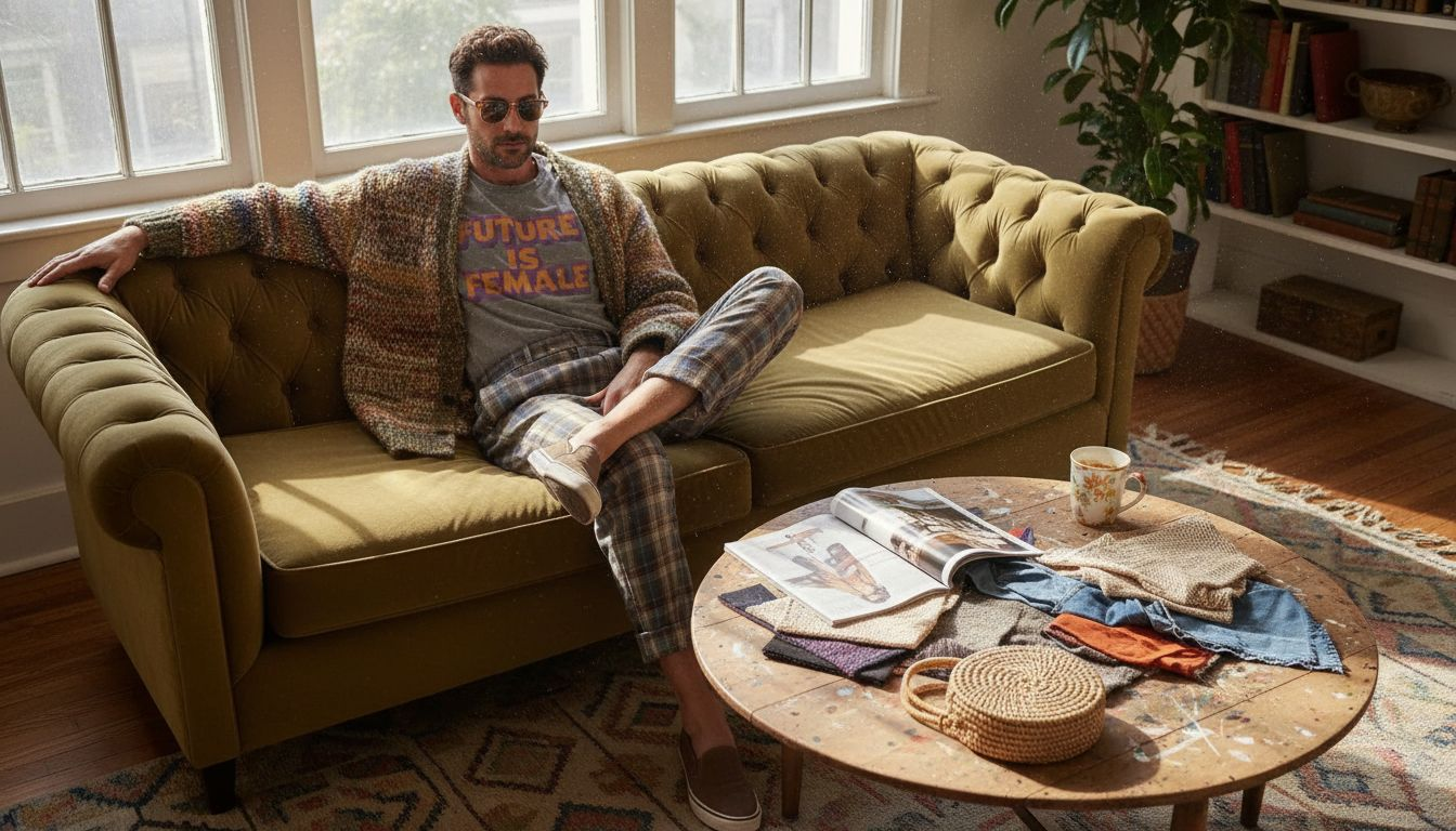 Man mixes eras and colors relaxing at home