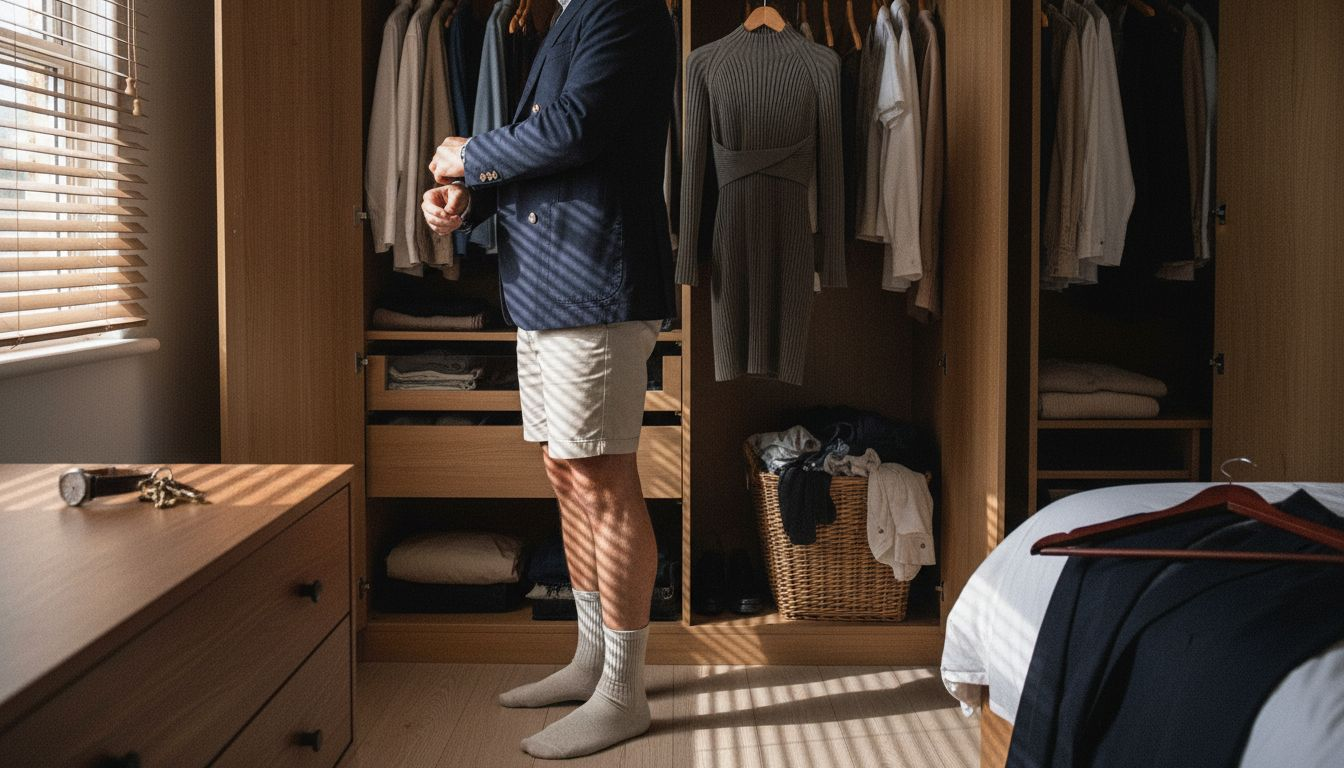 Man choosing empowering professional outfit in bedroom closet