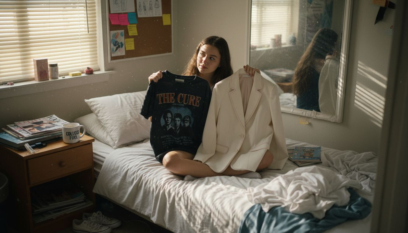 Student choosing outfits on messy bed