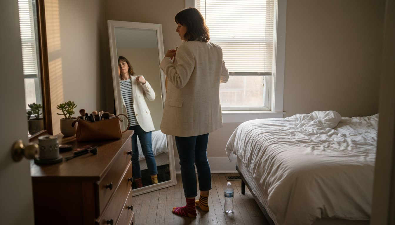 Woman adjusting fit in bedroom mirror