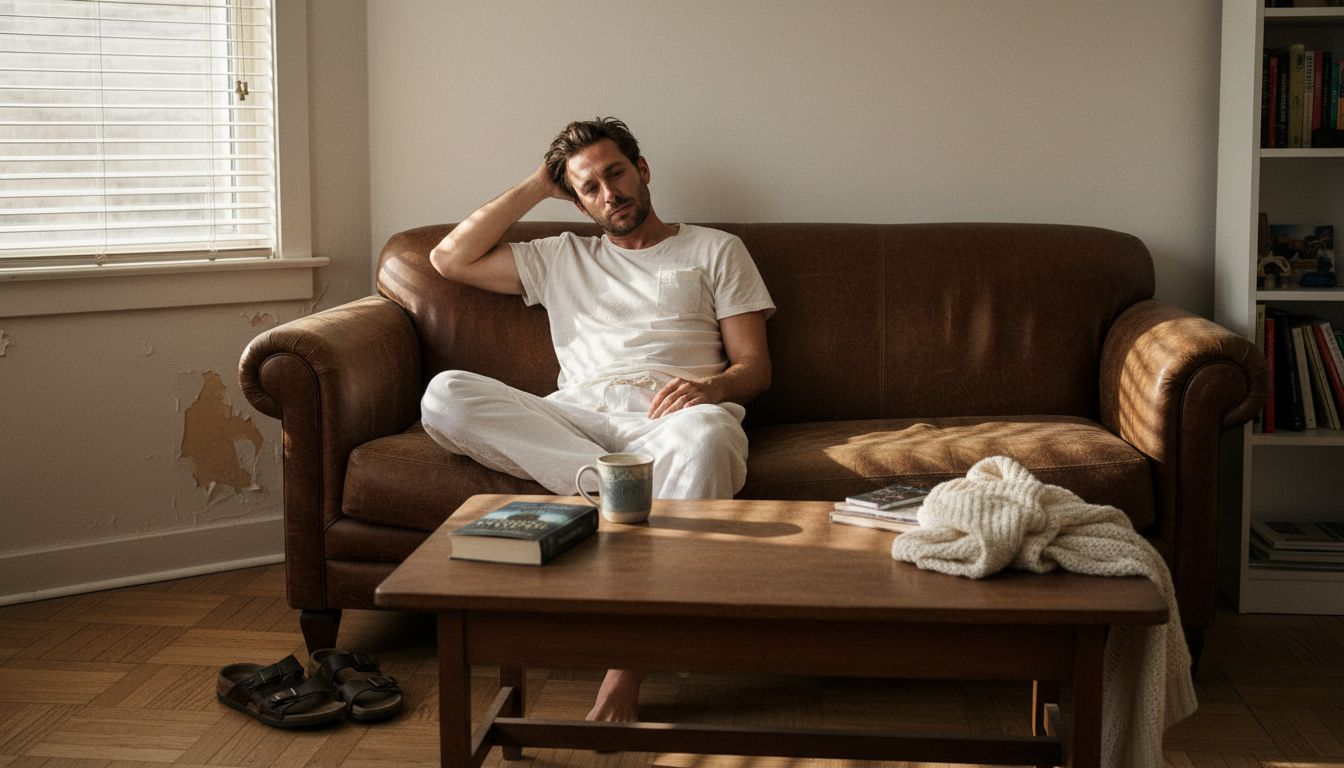 Man relaxing in soft, comfortable clothing