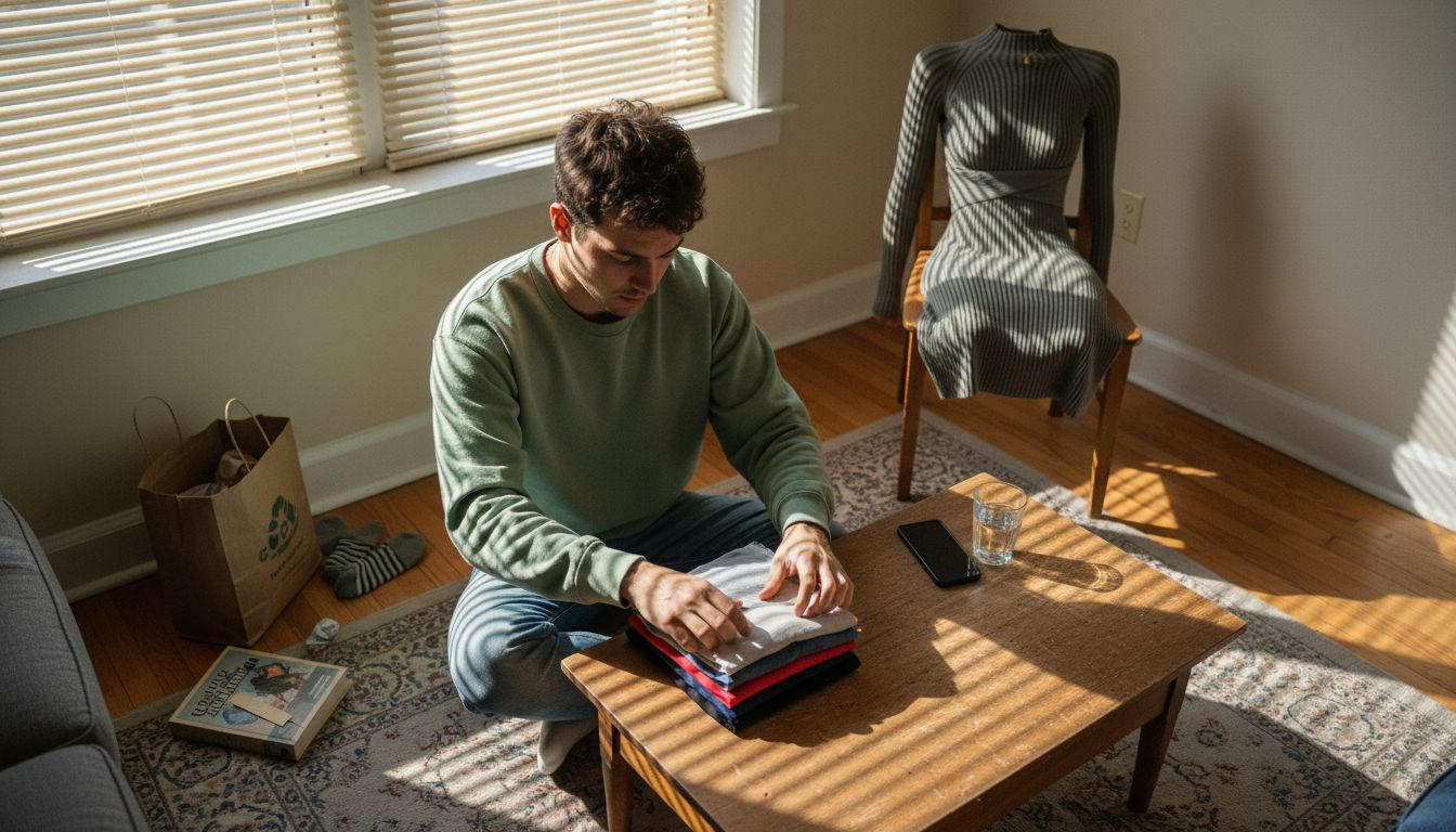 Man folding shirts in casual urban setting