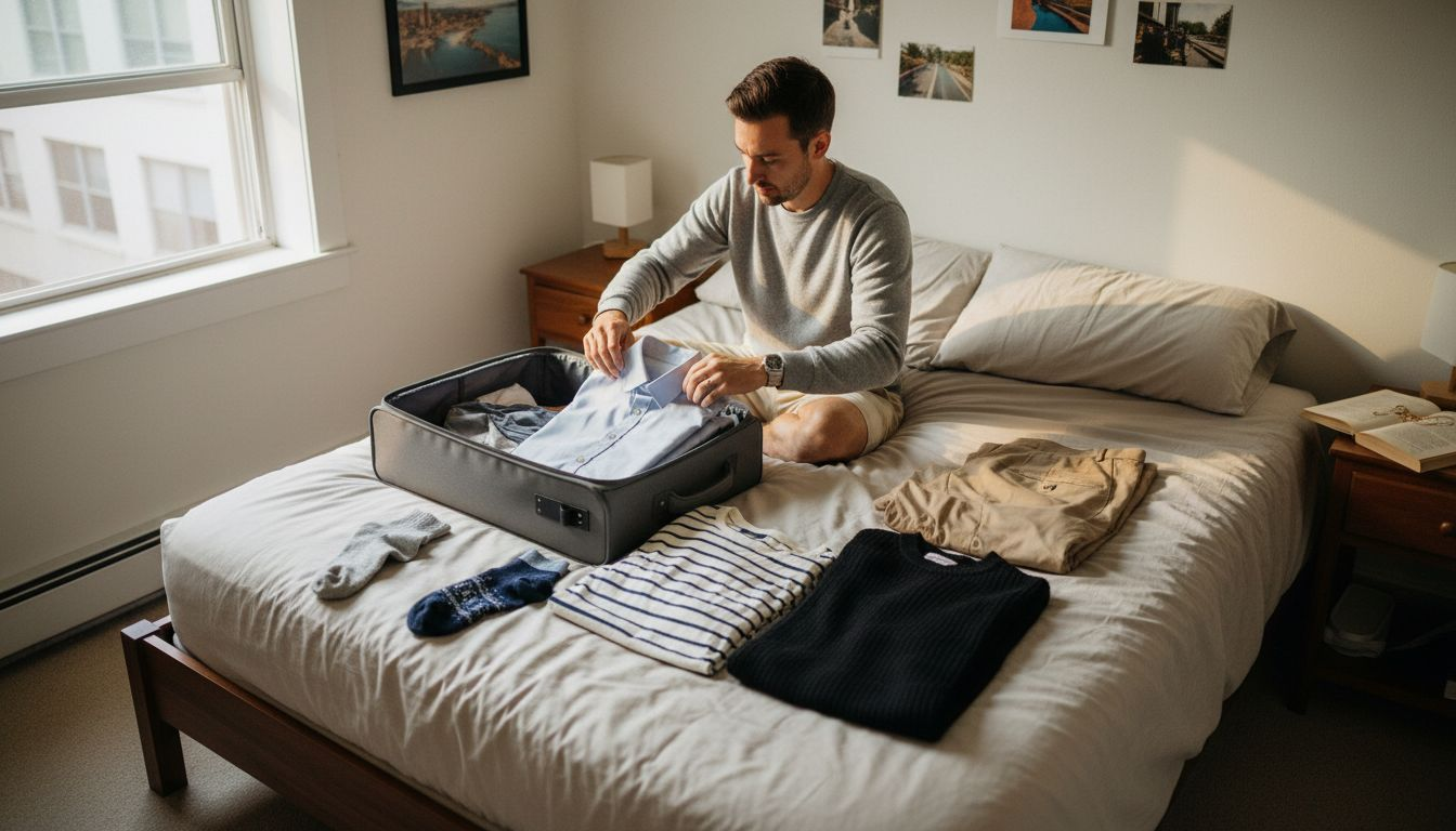 Man folding minimalist clothes for capsule wardrobe