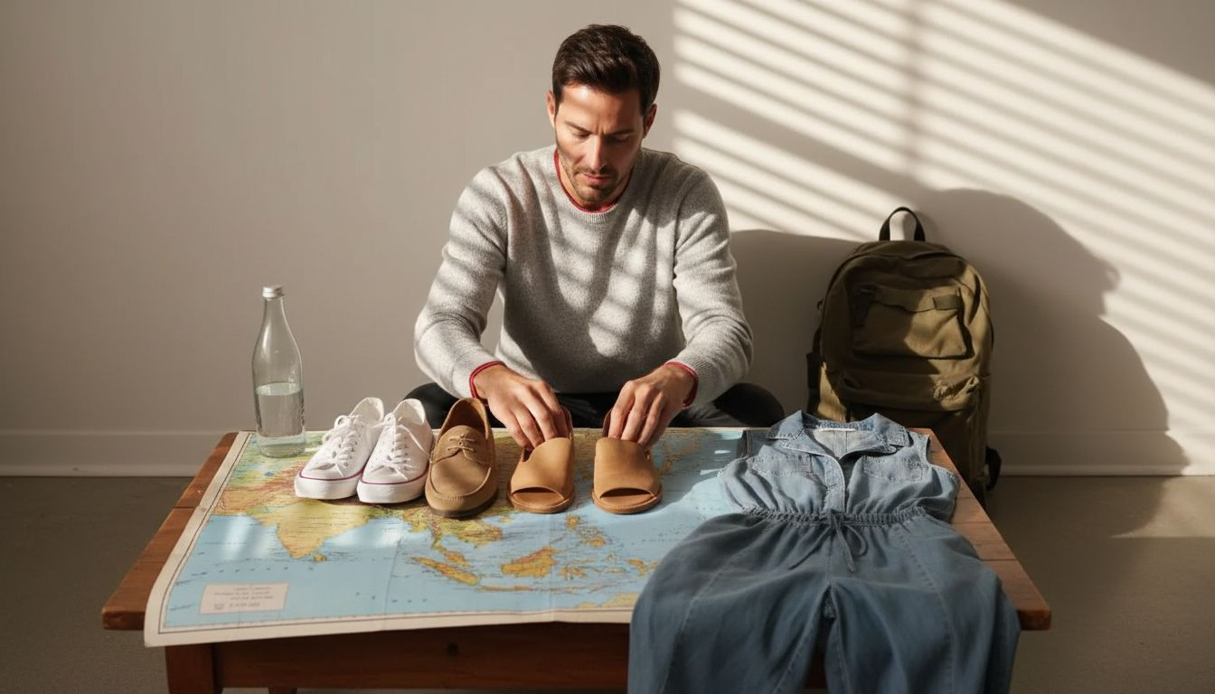 Man choosing shoes for travel packing