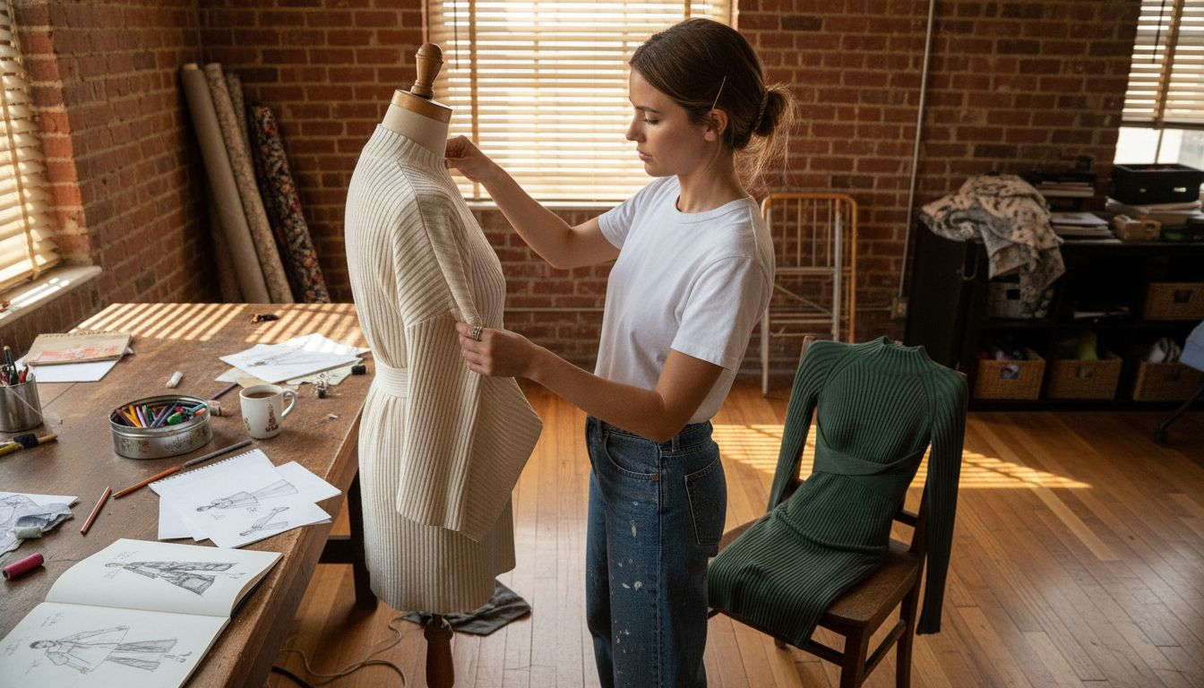 Fashion designer adjusting kimono jacket