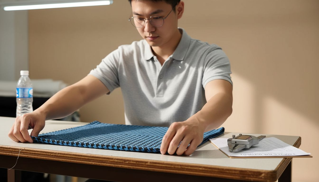 Technician testing fabric for comfort
