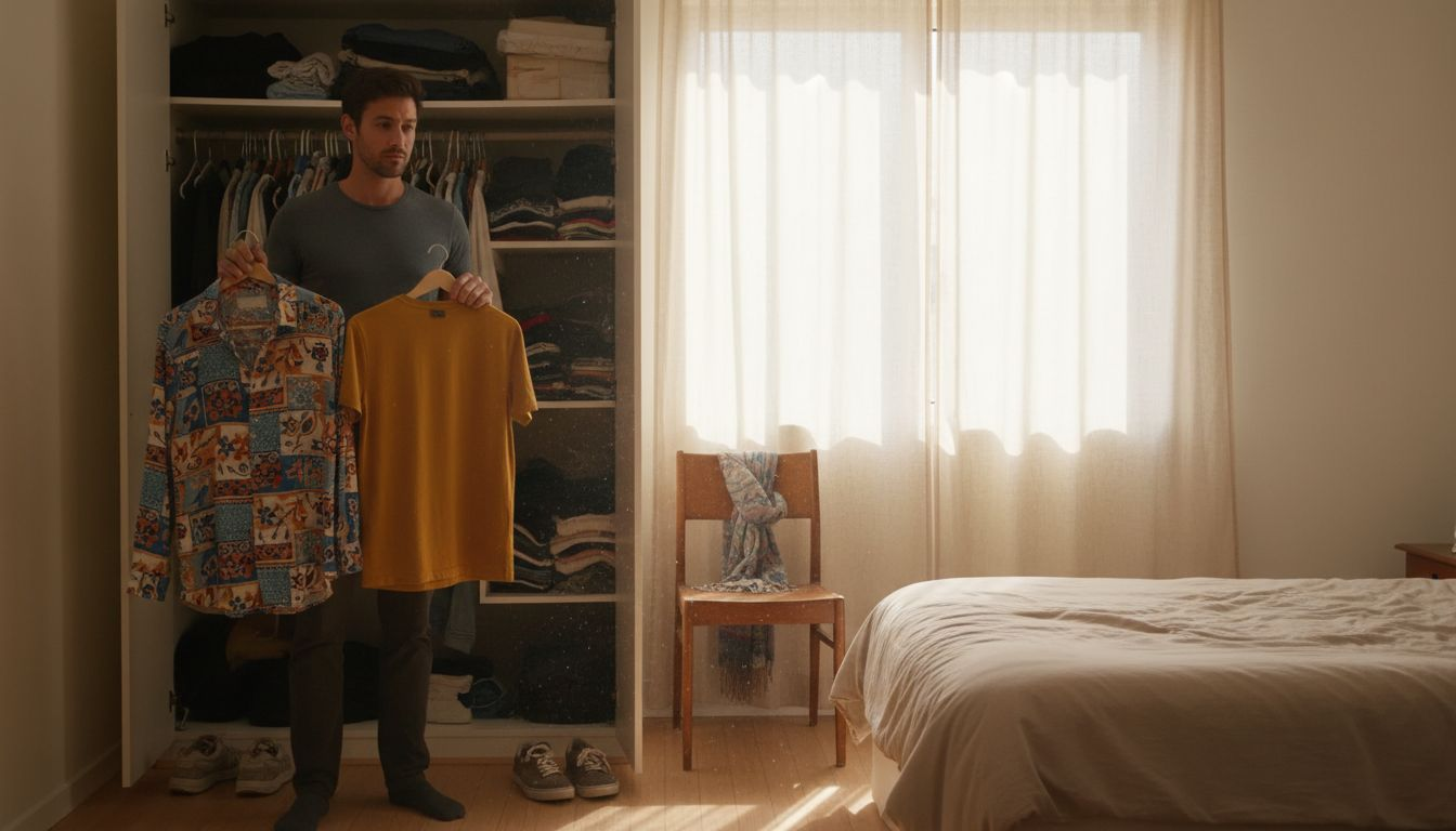 Man choosing between colorful shirts at wardrobe