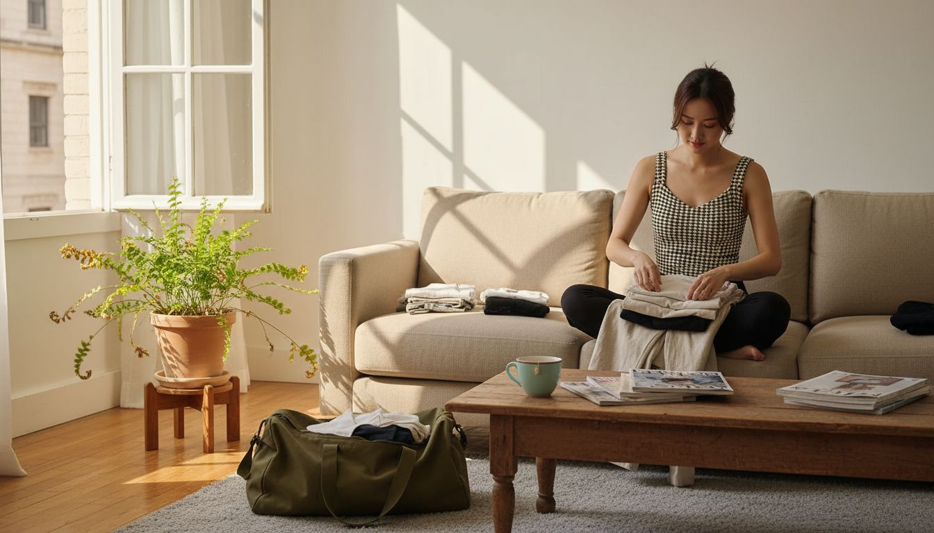Sorting linen and cotton clothes on couch