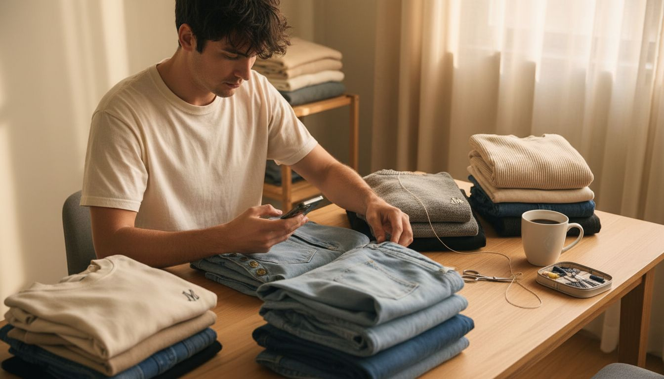 Man sorting clothes by color at home
