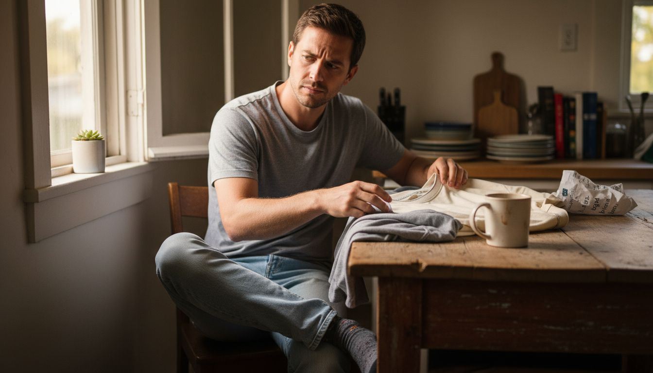Man choosing shirt at kitchen table
