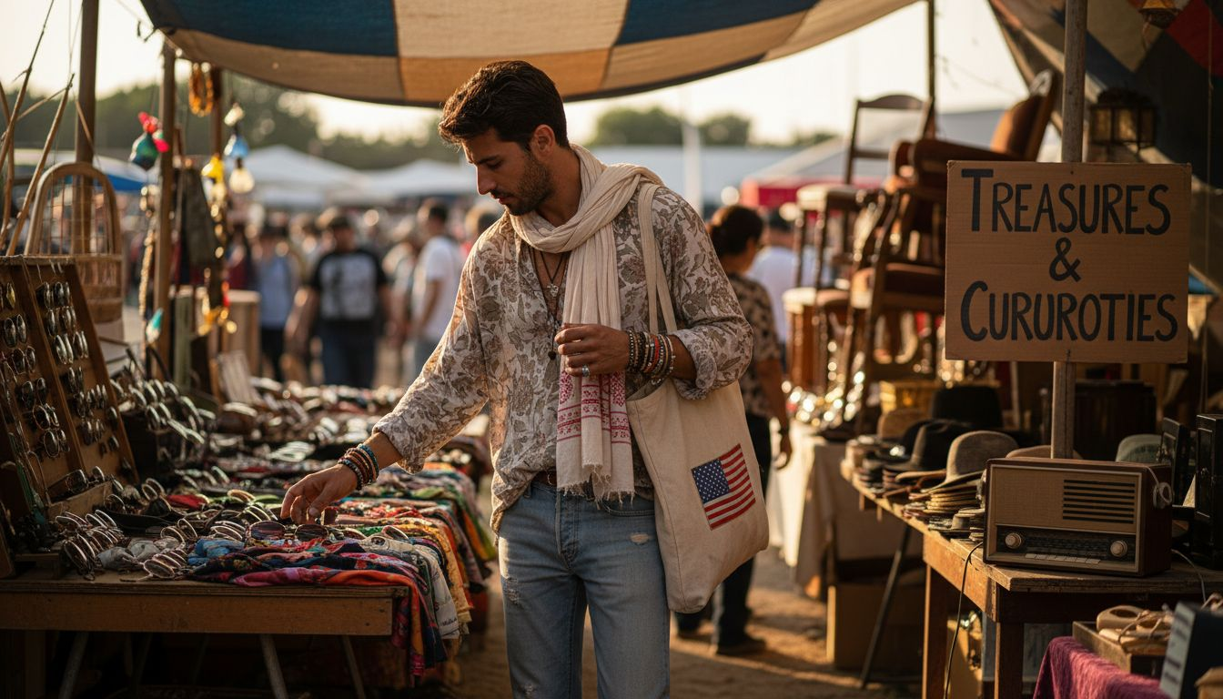 Man browsing flea market with bohemian style