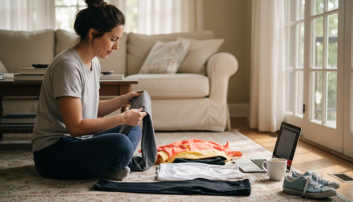 Woman sorting athleisure clothes at home