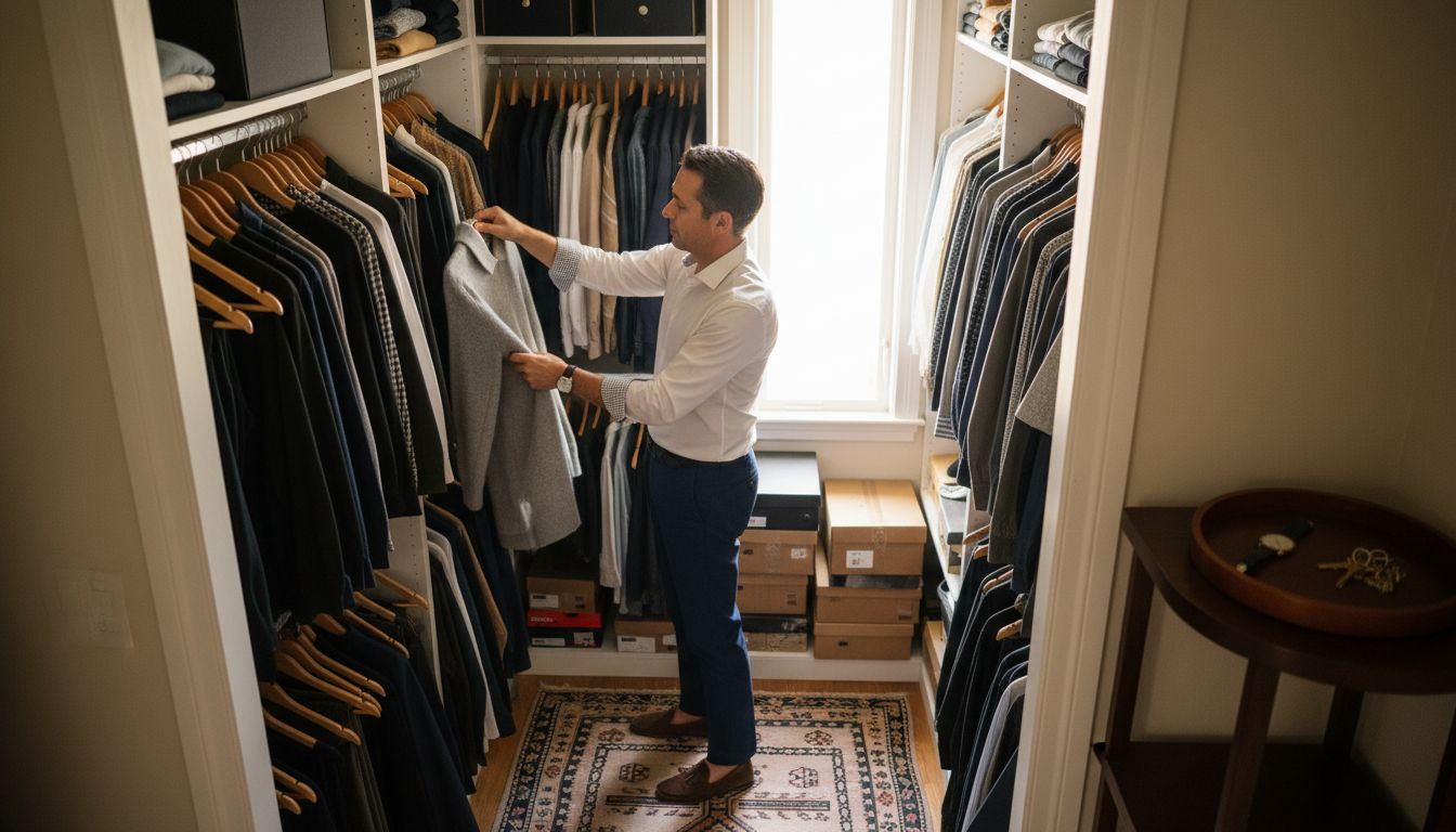 Man selects sweater from neutral color closet
