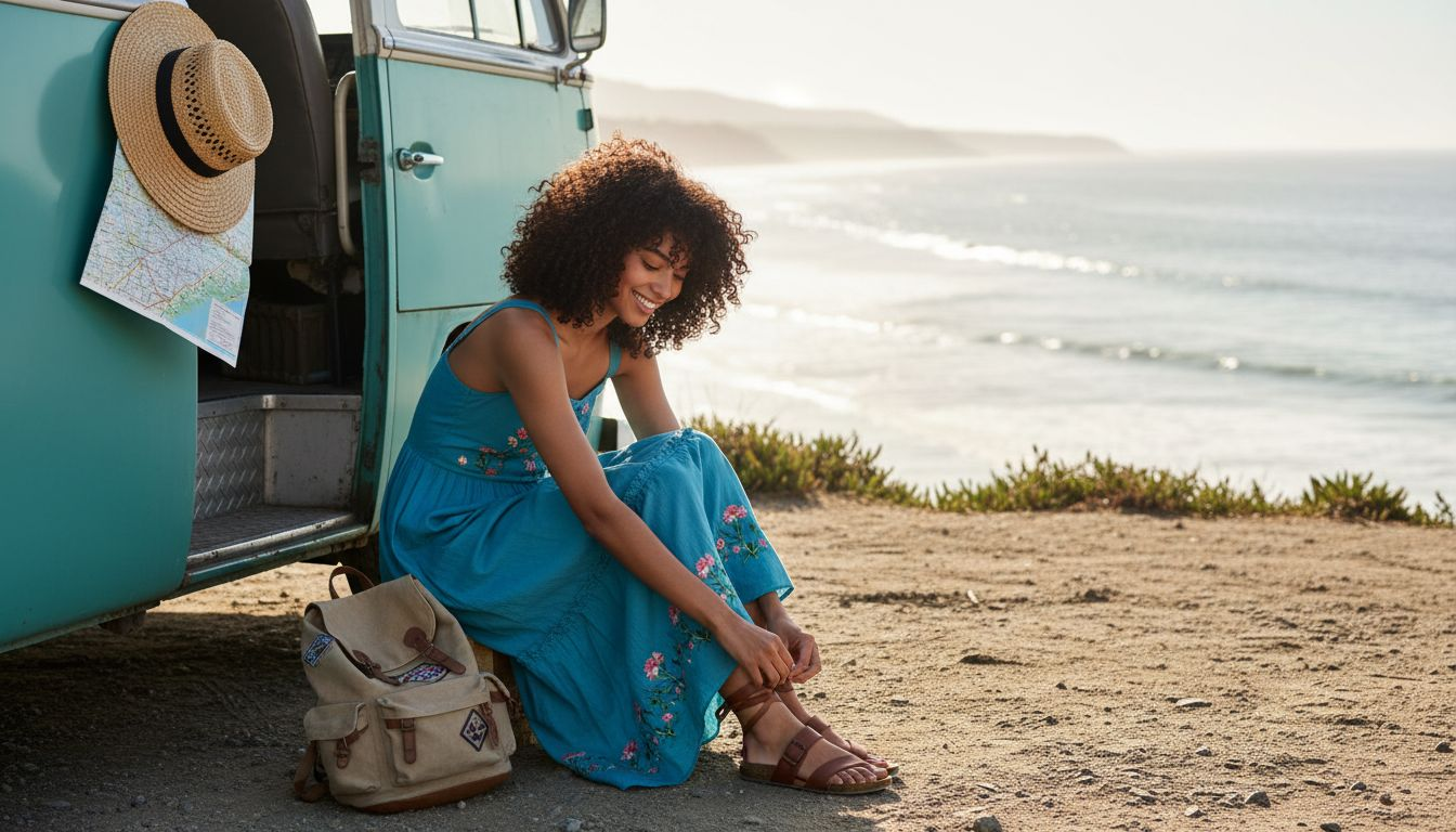 Woman in maxi dress by travel minibus