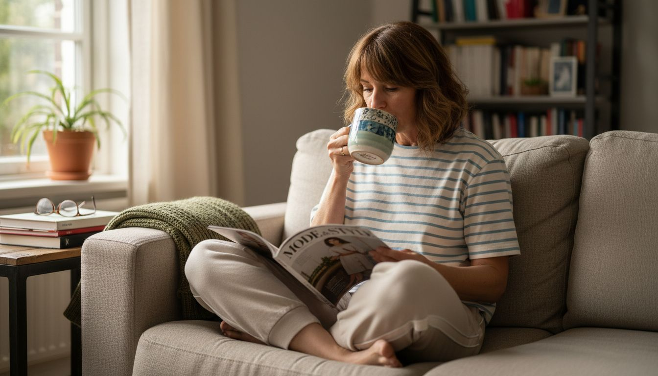 Woman balancing comfort and style at home