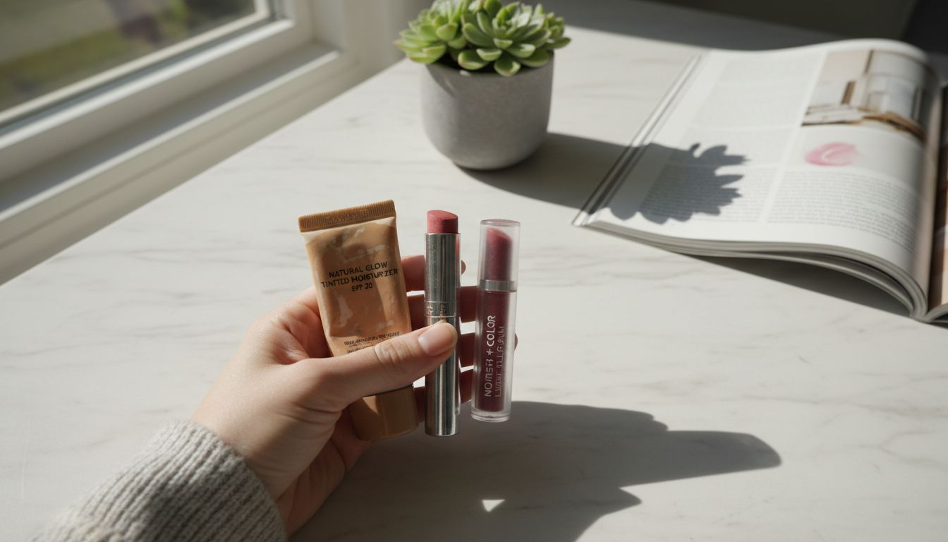 Hand with multi-use minimal makeup products