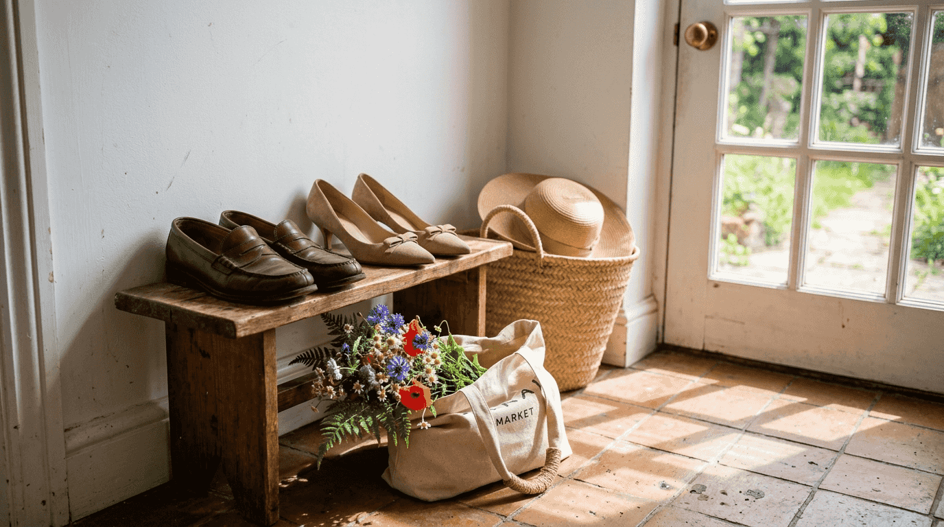 Loafers and kitten heels on entryway bench