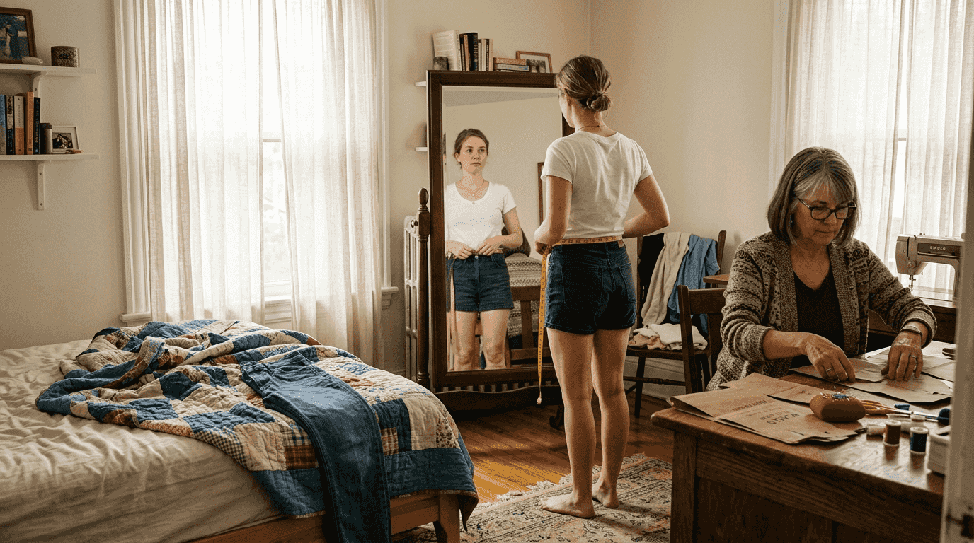 Woman measuring waist, bedroom reflection