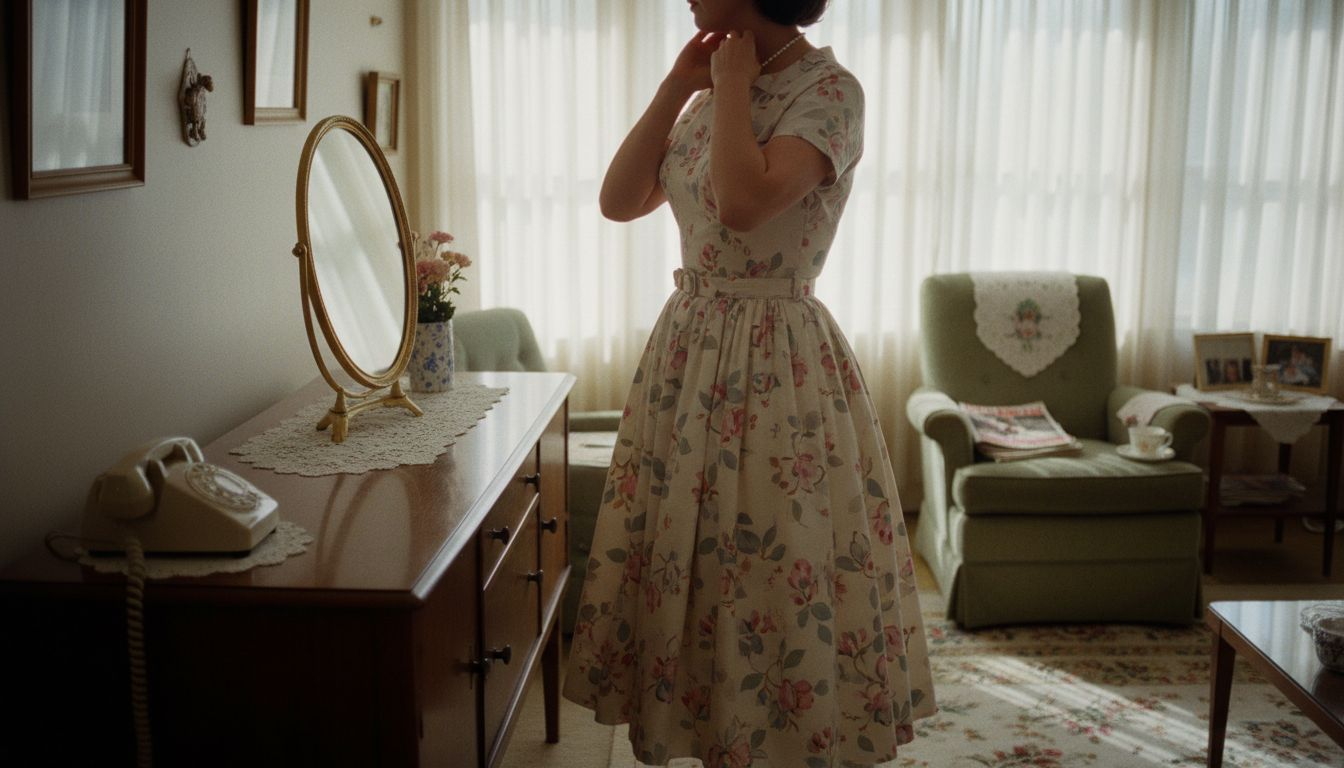 1950s woman adjusting necklace in vintage dress