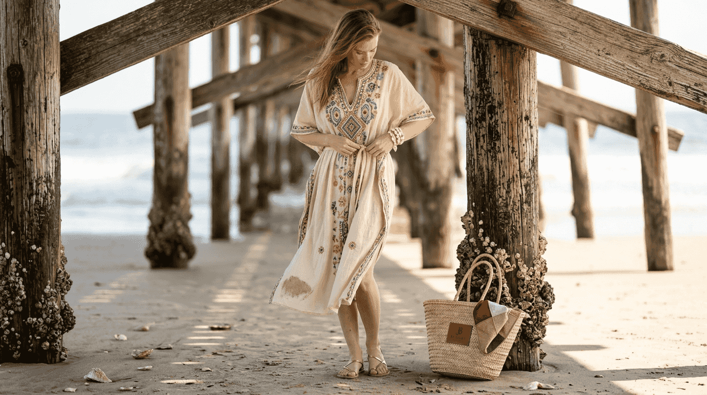 Woman adjusting waist tie on boho kaftan