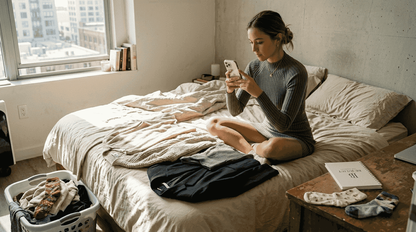 Woman planning layered outfits for capsule wardrobe