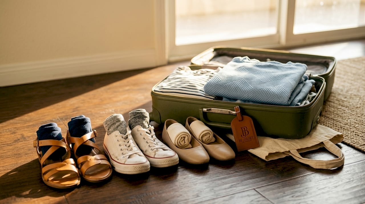 Three shoes with socks packed for travel