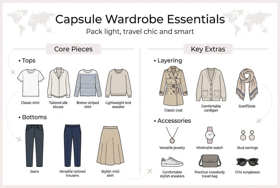 Infographic lists core pieces and extras for minimalist travel