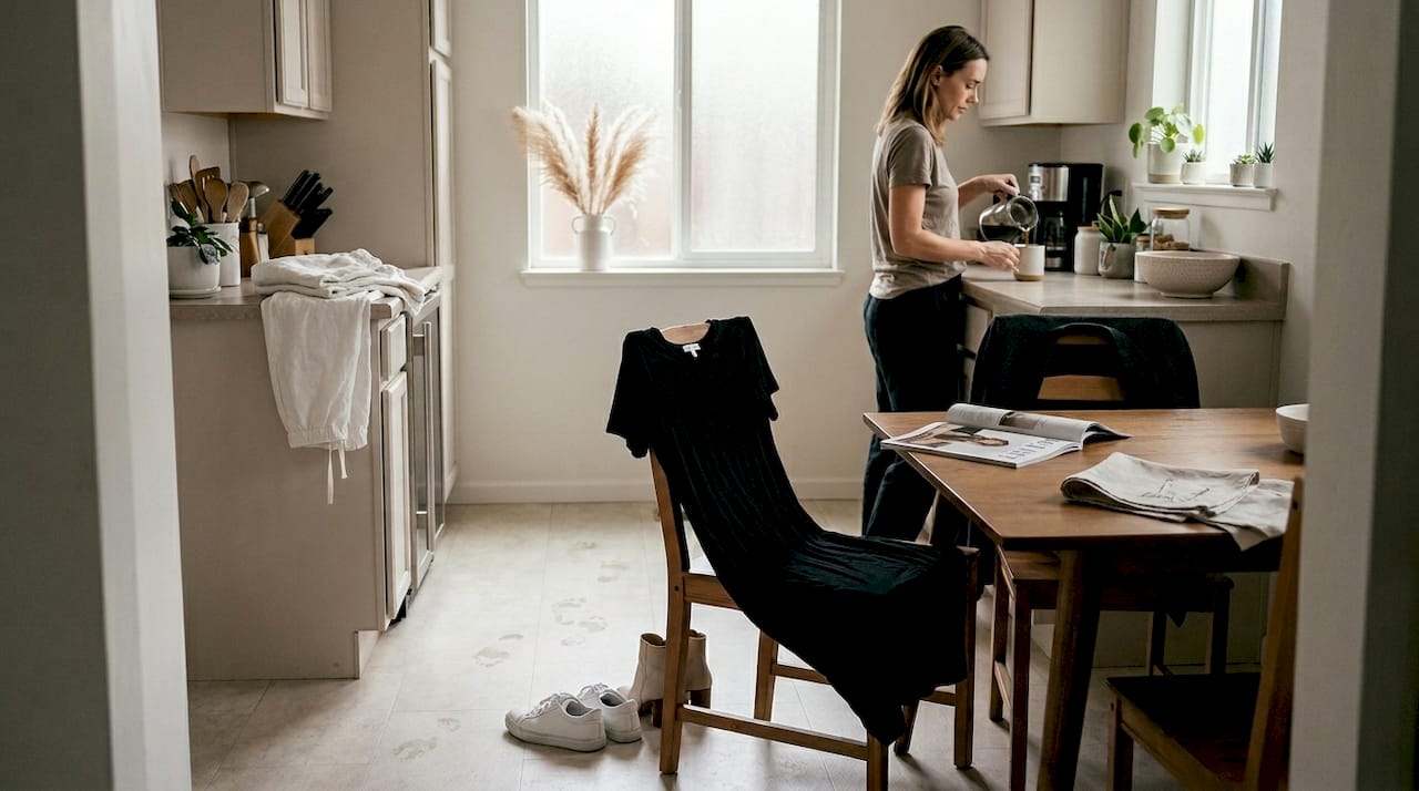 Versatile black dress with shoes in kitchen scene