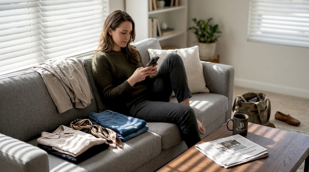 Woman planning outfits on sofa with clothes