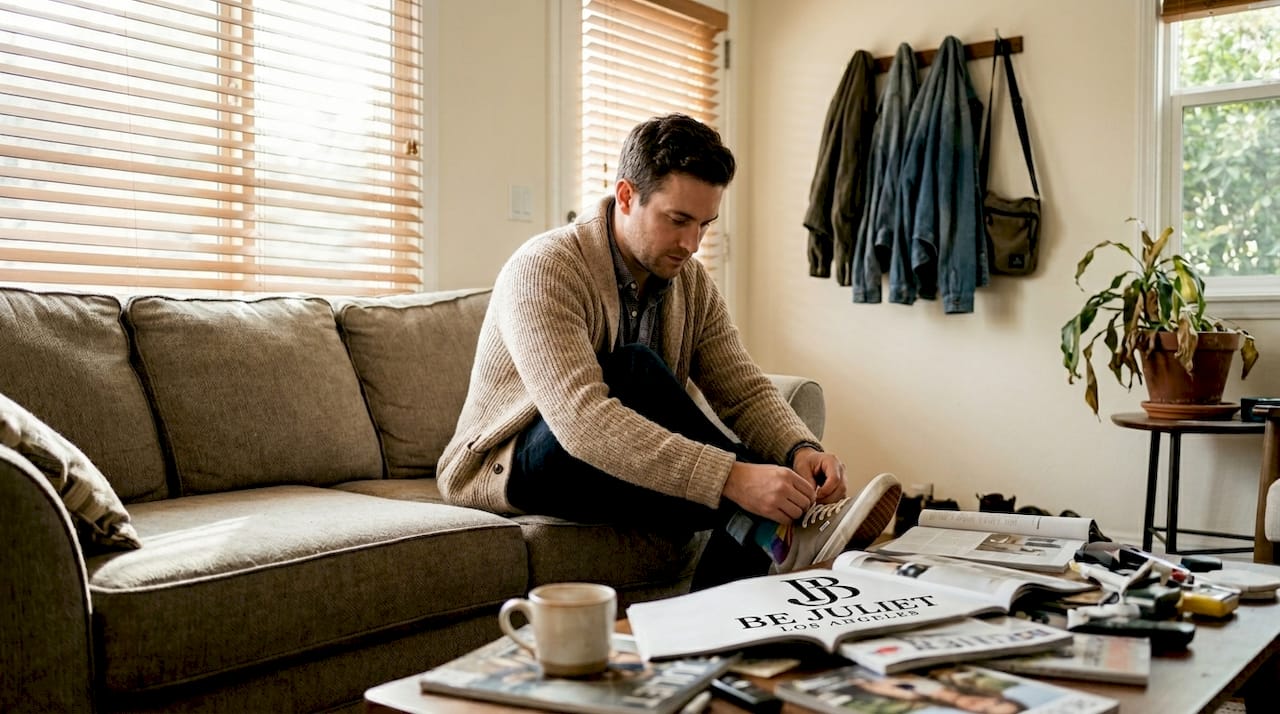 Man getting ready with personal style in living room