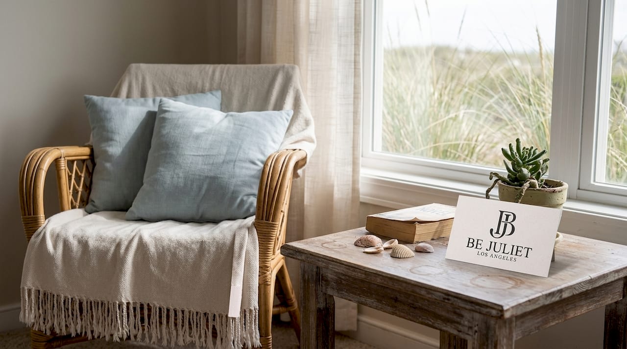 Coastal boho living area with rattan and shells