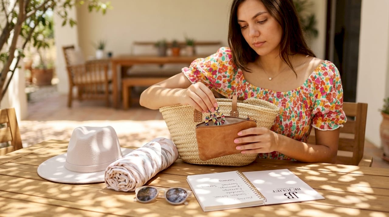 Woman picking accessories from vacation tote