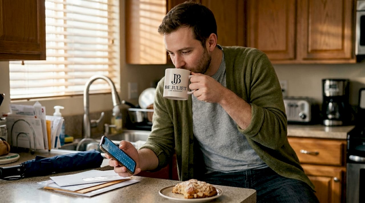 Man checks forecast while layering clothes