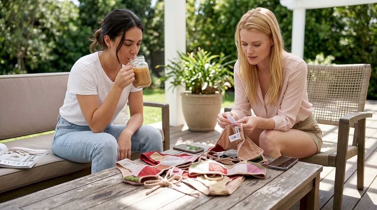 Women sorting bikini tops and bottoms outside