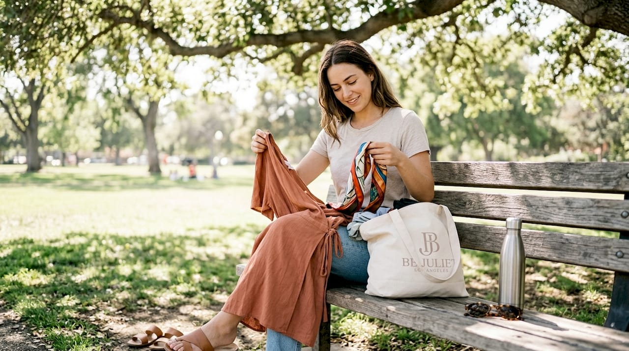 Woman mixing and matching summer outfits