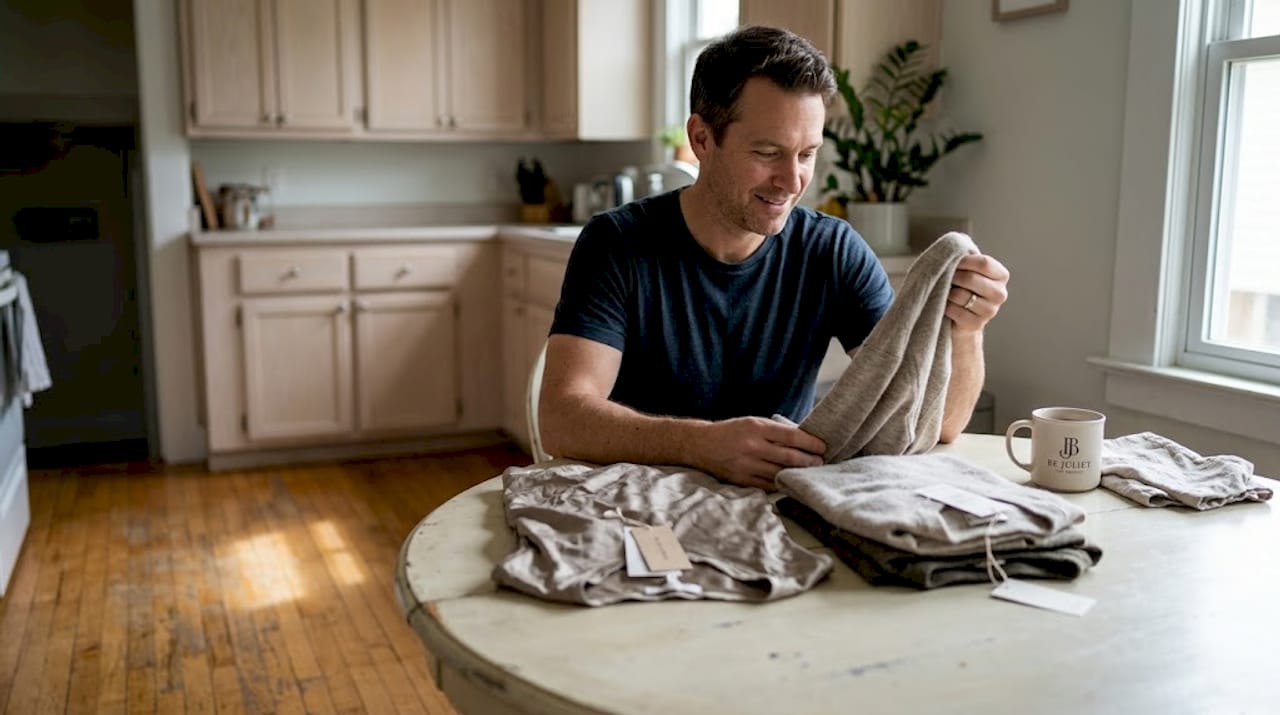 Man comparing fabrics for travel clothes