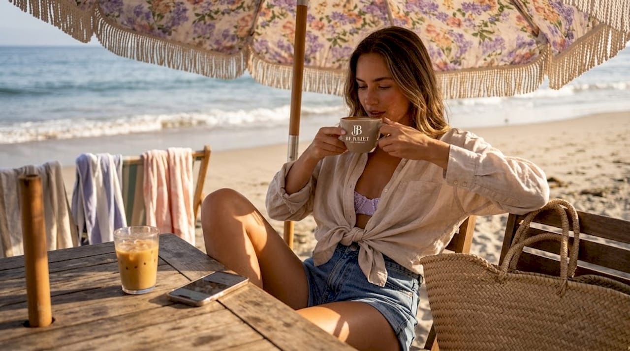 Woman in linen shirt at beach café