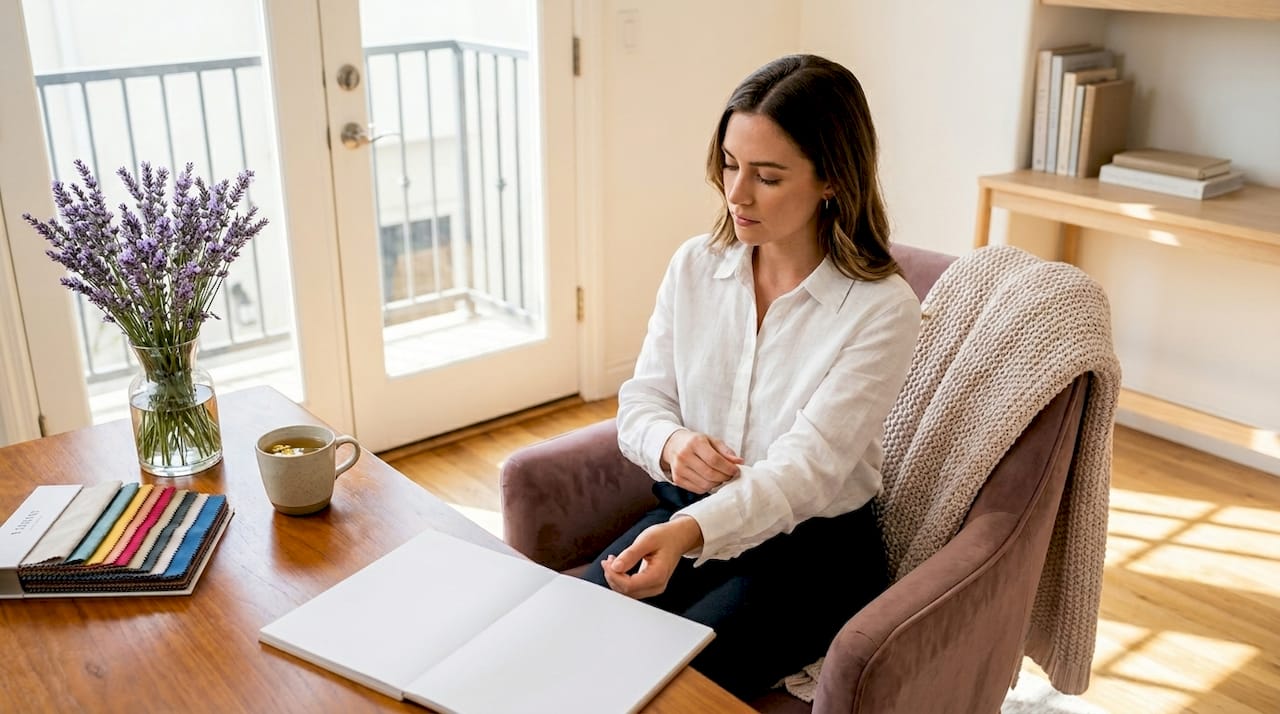 Woman thoughtfully dressing in quiet living room